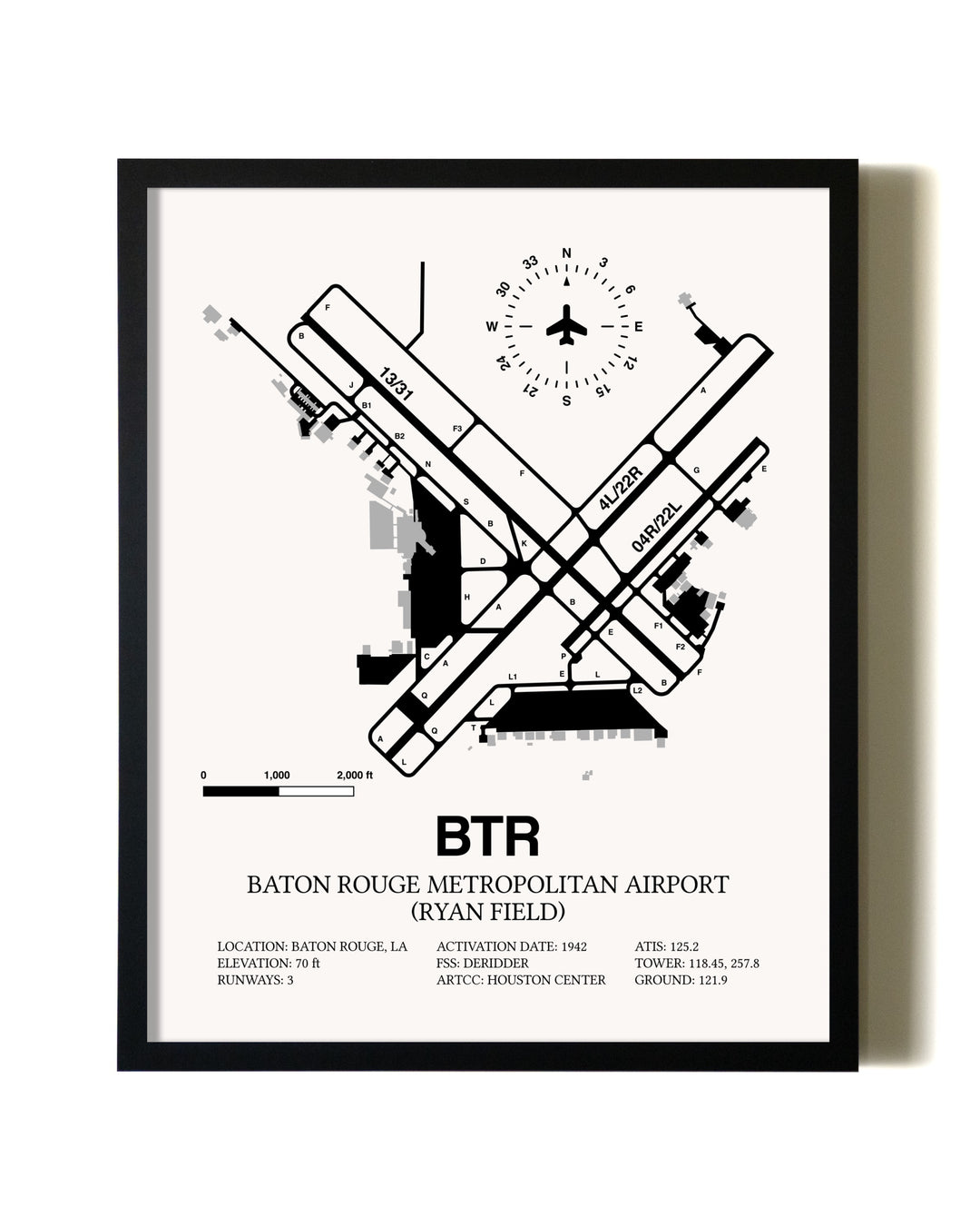 Framed Baton Rouge Metropolitan Airport (Ryan Field) wall art poster in black frame
