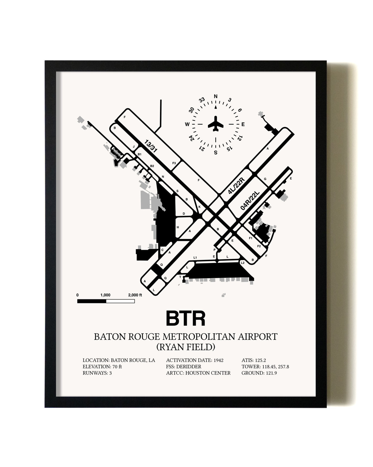 Framed Baton Rouge Metropolitan Airport (Ryan Field) wall art poster in black frame