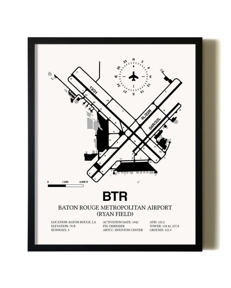 Framed Baton Rouge Metropolitan Airport (Ryan Field) wall art poster in black frame