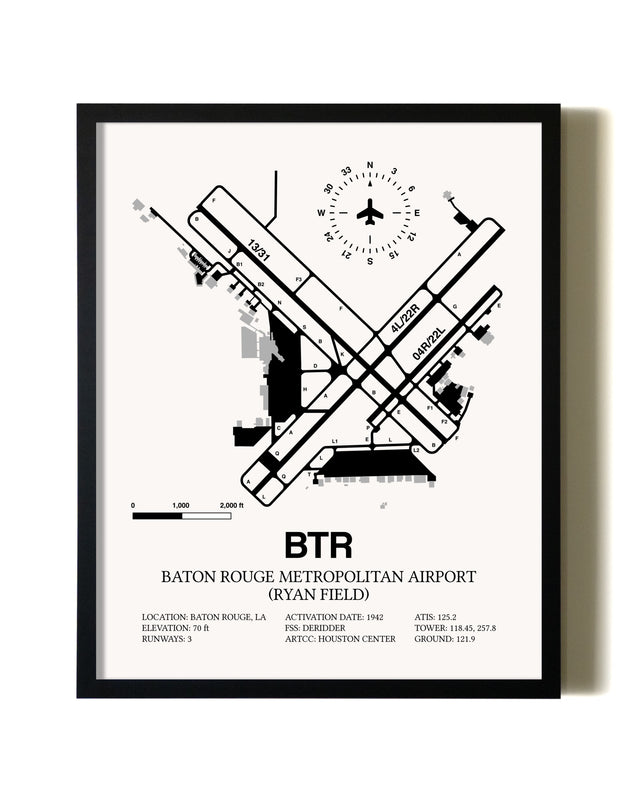 Framed Baton Rouge Metropolitan Airport (Ryan Field) wall art poster in black frame