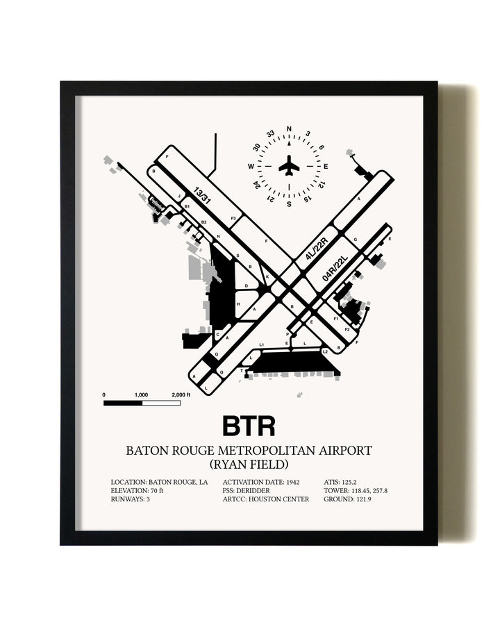 Framed Baton Rouge Metropolitan Airport (Ryan Field) wall art poster in black frame