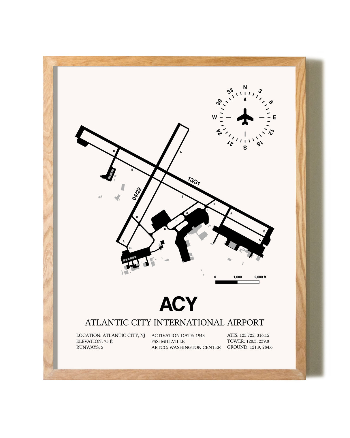 Atlantic City International Airport framed print in natural wood frame