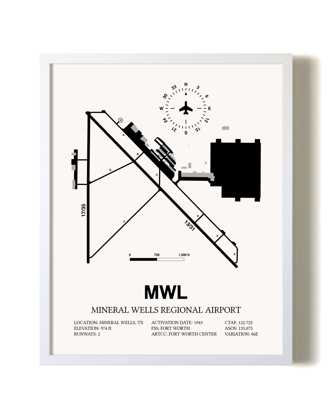 Mineral Wells Regional Airport airport map poster in oak frame