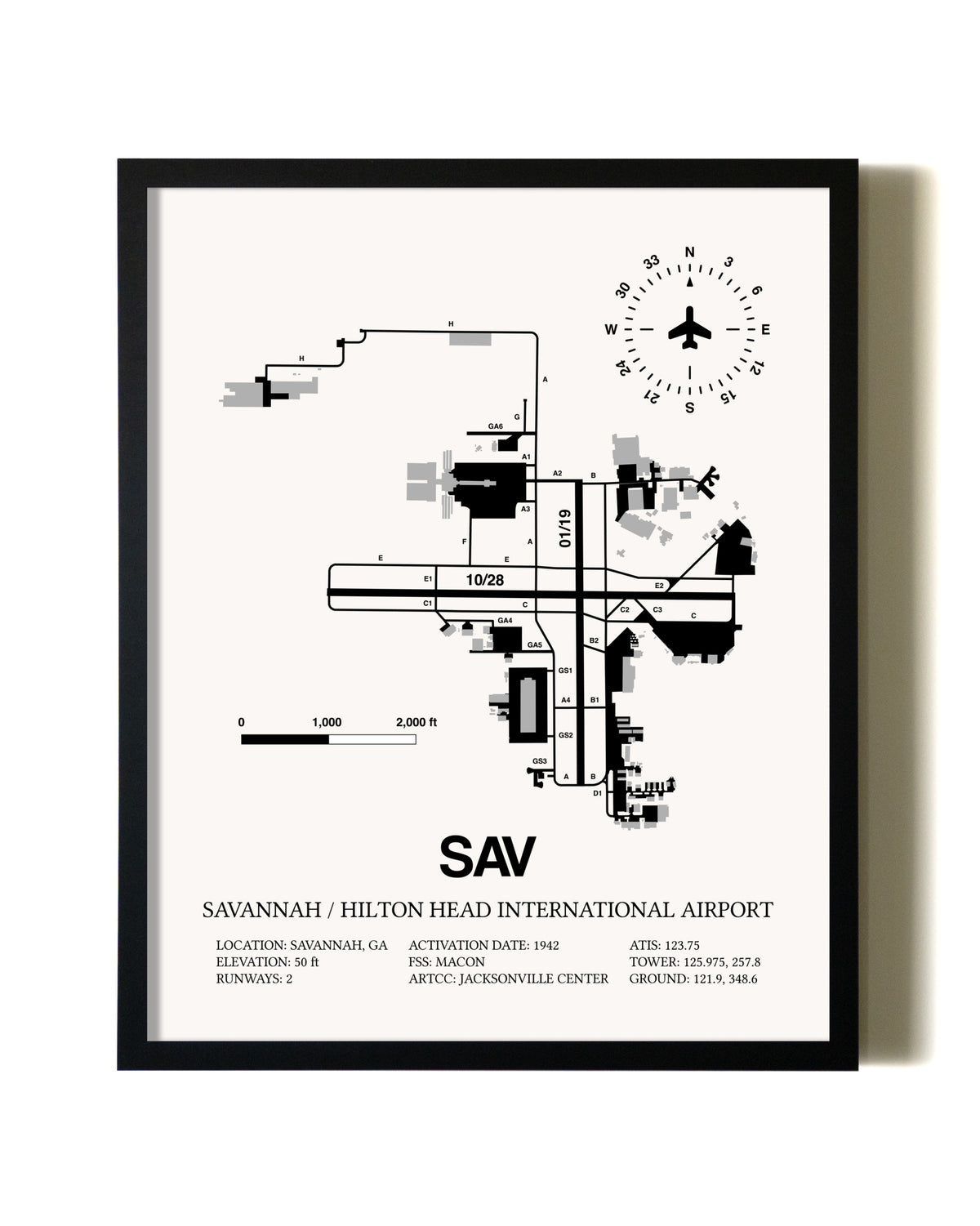 Framed Savannah / Hilton Head International Airport wall art poster in black frame