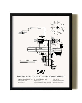 Framed Savannah / Hilton Head International Airport wall art poster in black frame