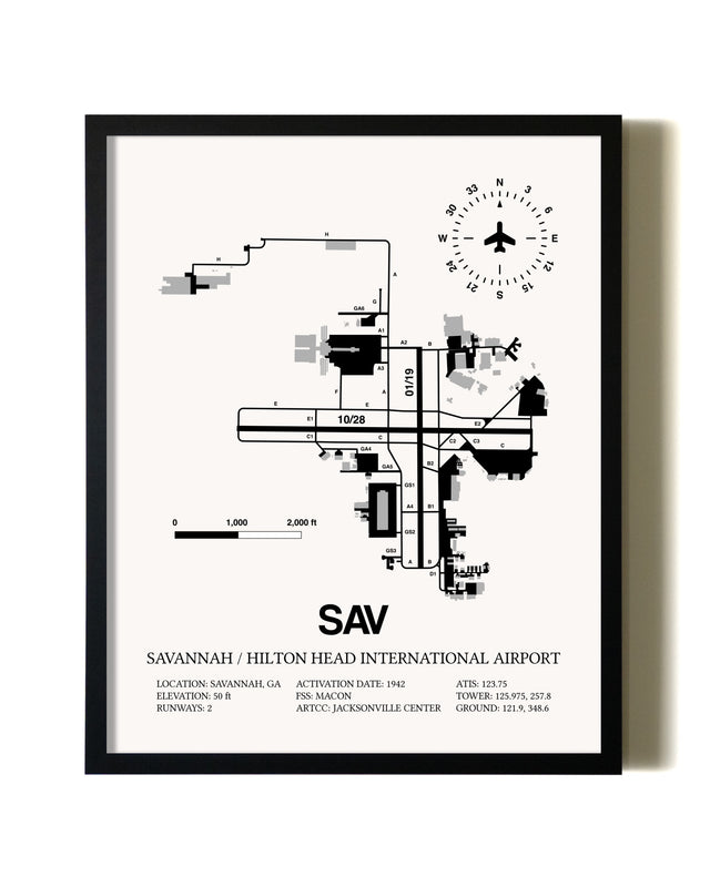 Framed Savannah / Hilton Head International Airport wall art poster in black frame