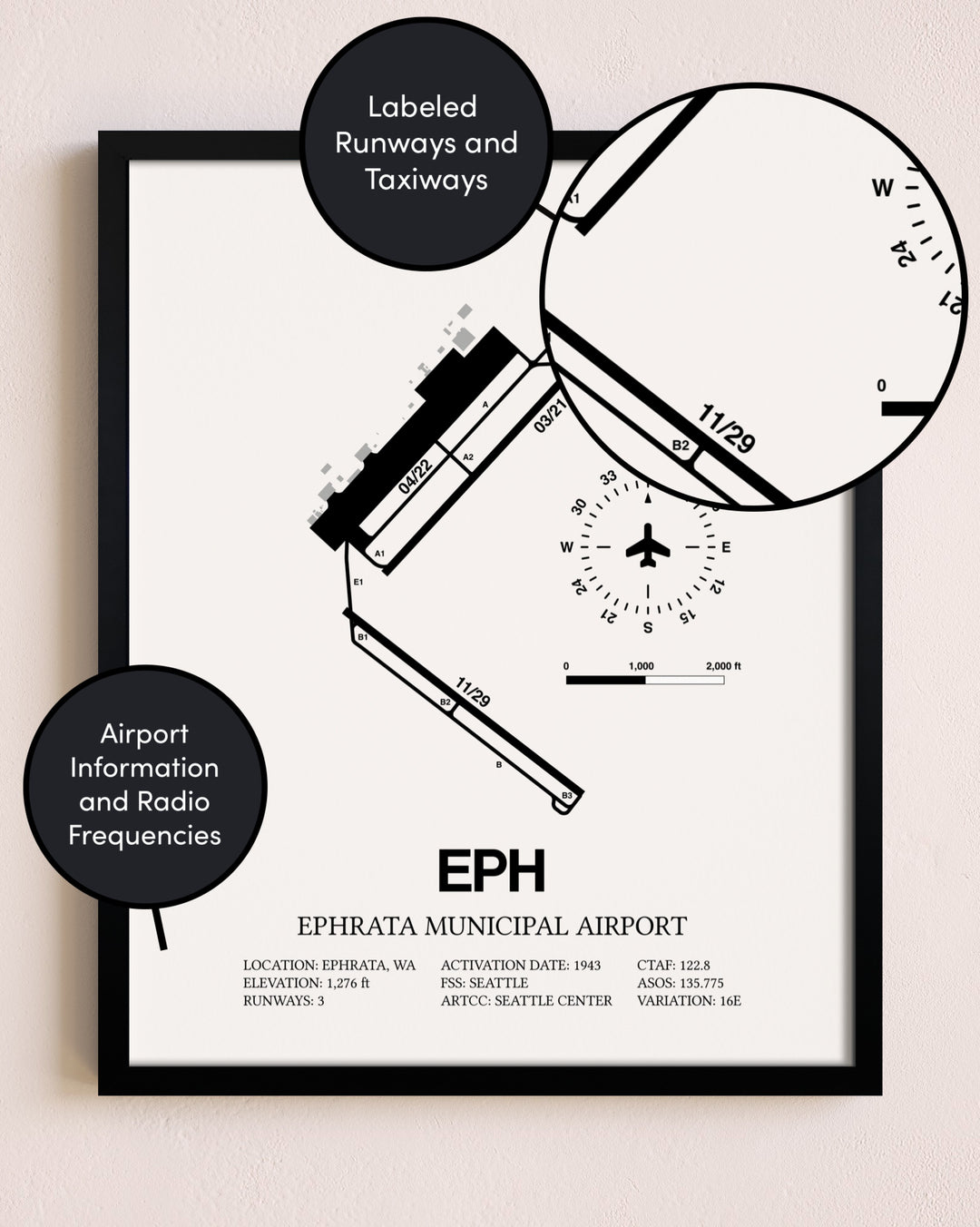 Framed Ephrata Municipal Airport layout wall art poster