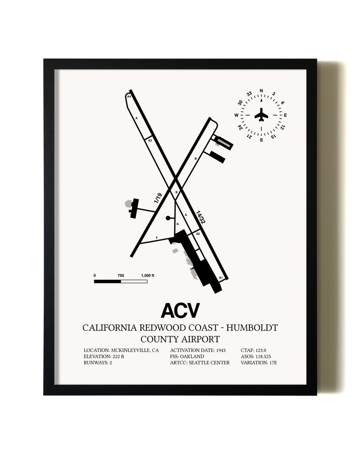Framed California Redwood Coast - Humboldt County Airport wall art poster in black frame