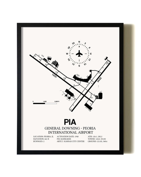 Framed General Downing-Peoria International Airport wall art poster in black frame