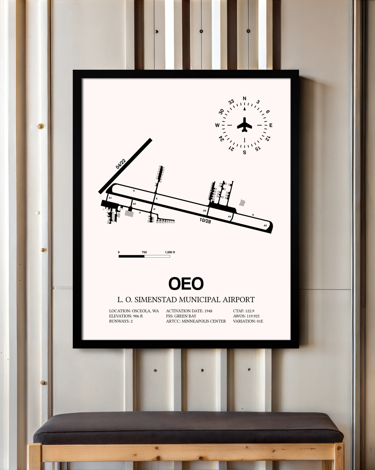 L. O. Simenstad Municipal Airport framed poster displayed in an airplane hangar