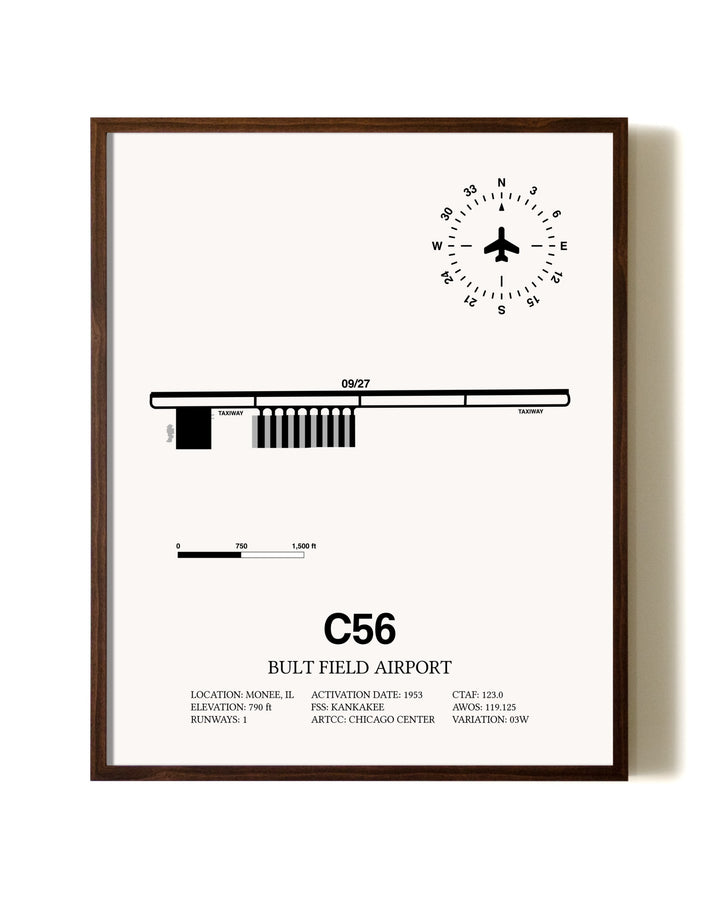 Bult Field Airport aviation print in walnut frame