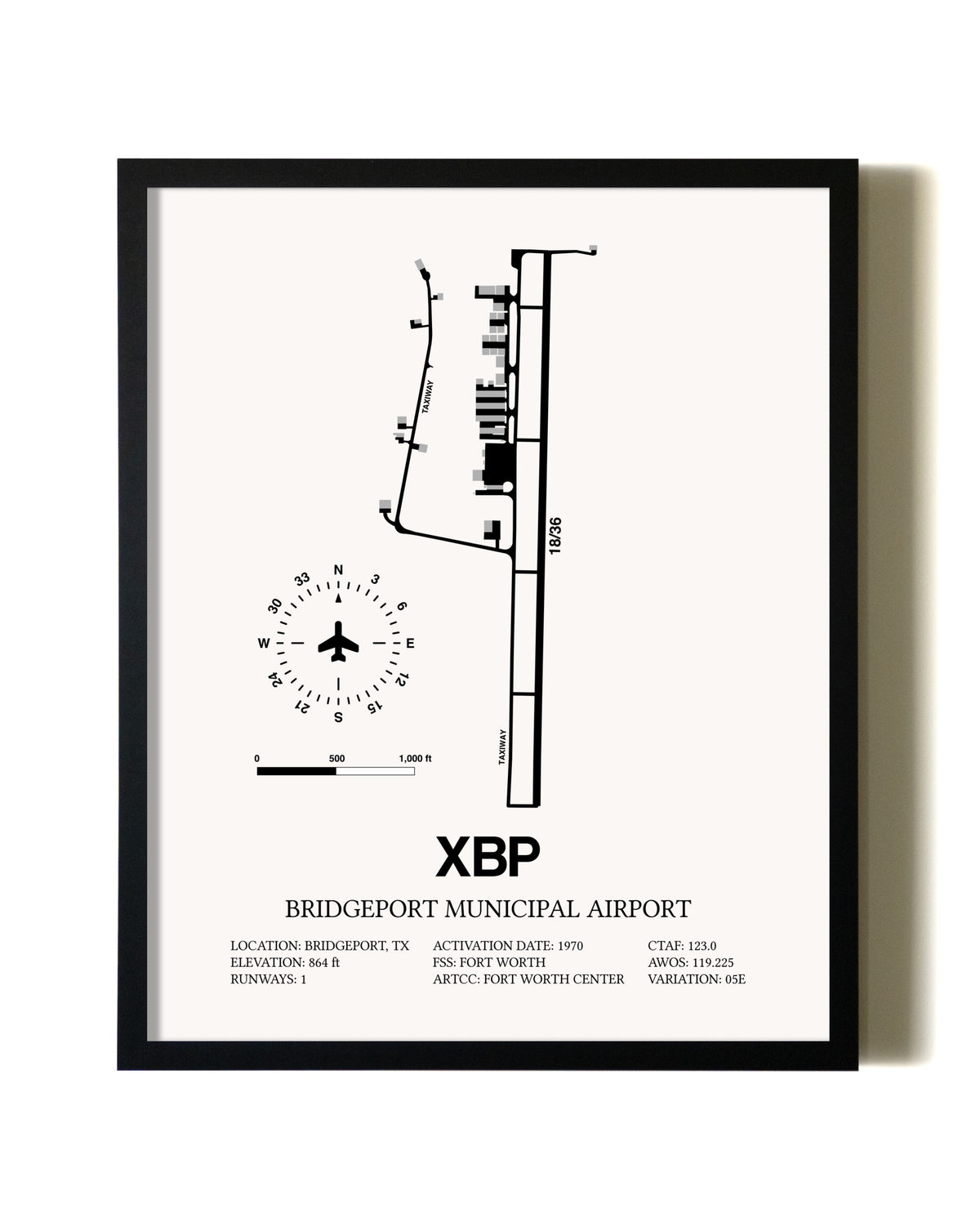 Framed Bridgeport Municipal Airport wall art poster in black frame