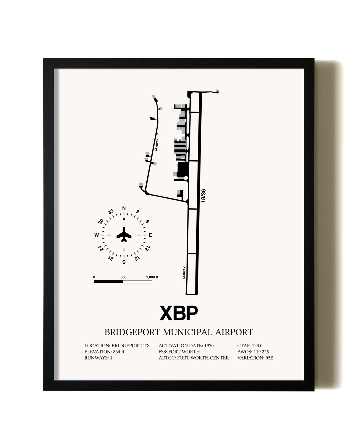 Framed Bridgeport Municipal Airport wall art poster in black frame