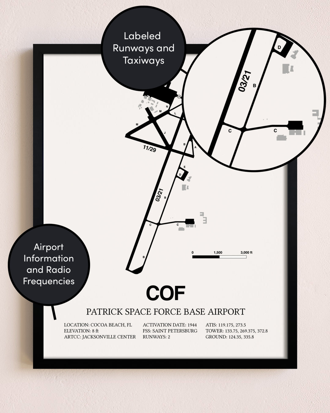 Framed Patrick Space Force Base Airport layout wall art poster