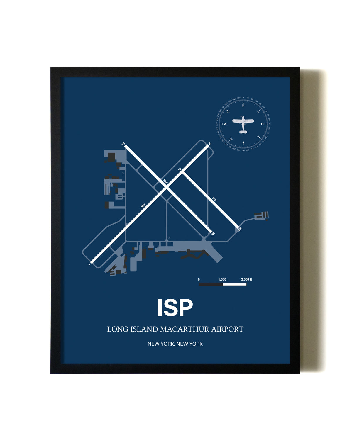 Aviation Blue Framed Long Island Mac Arthur Airport layout wall art poster