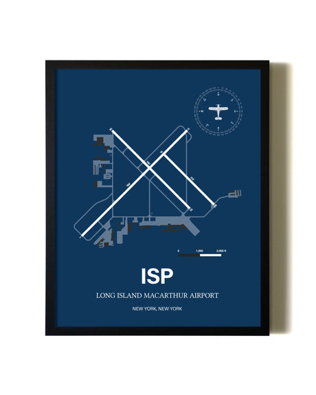 Aviation Blue Framed Long Island Mac Arthur Airport layout wall art poster