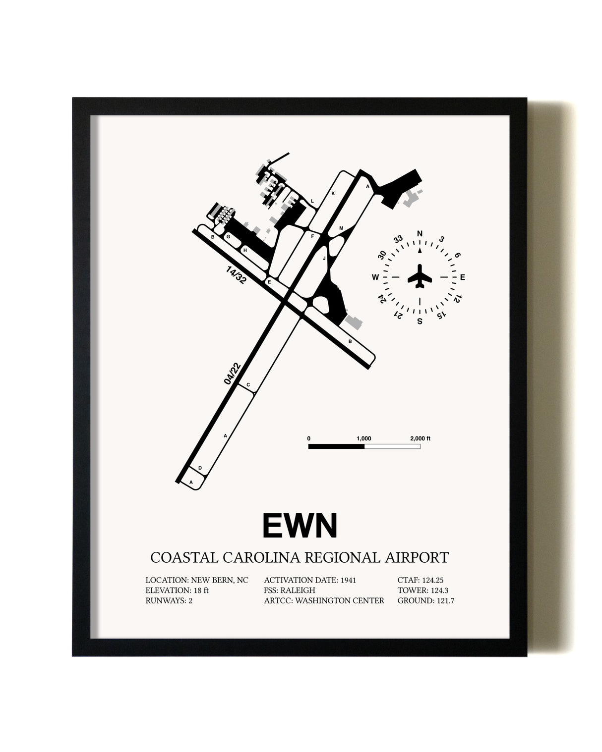 Framed Coastal Carolina Regional Airport wall art poster in black frame