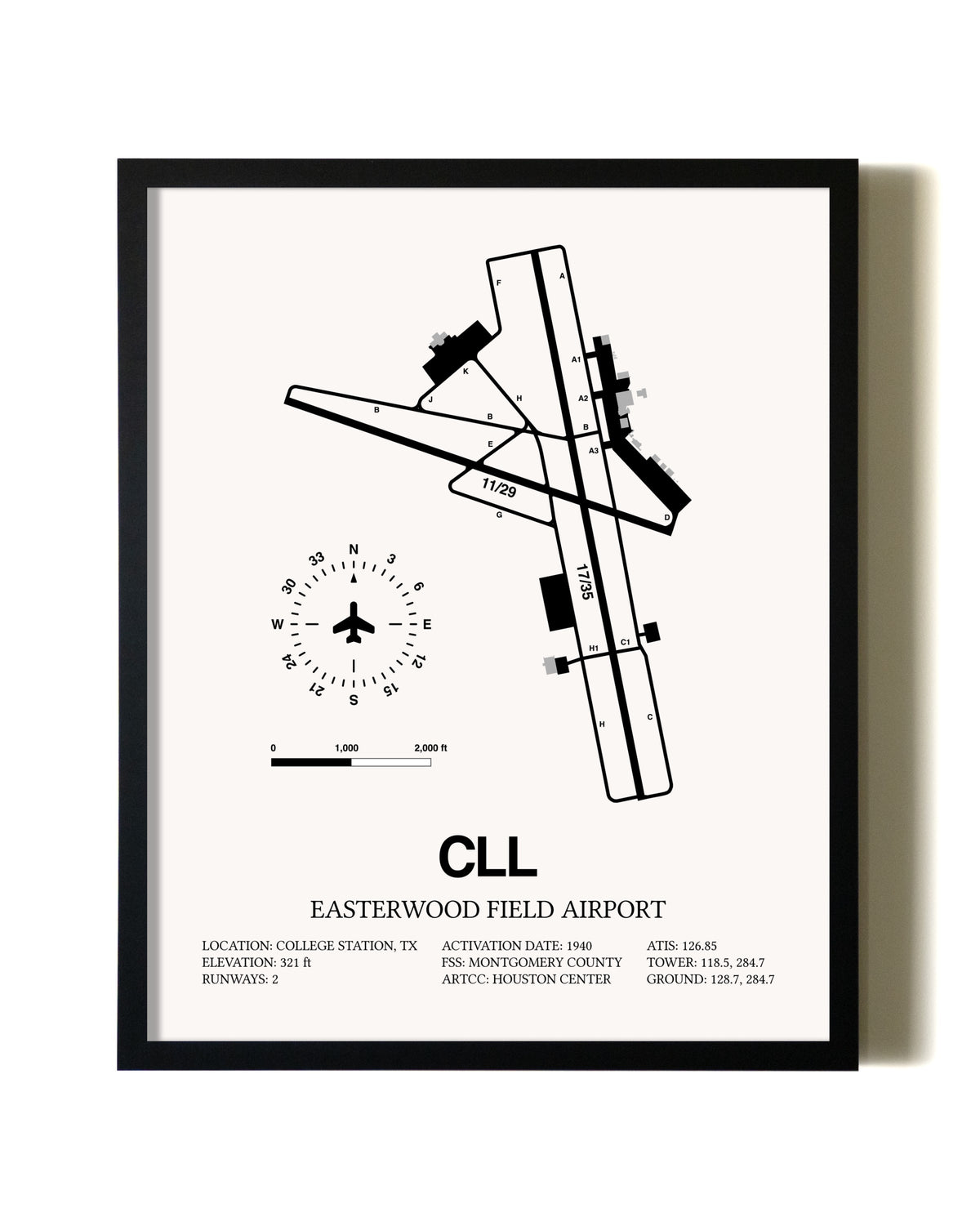 Framed Easterwood Field Airport wall art poster in black frame