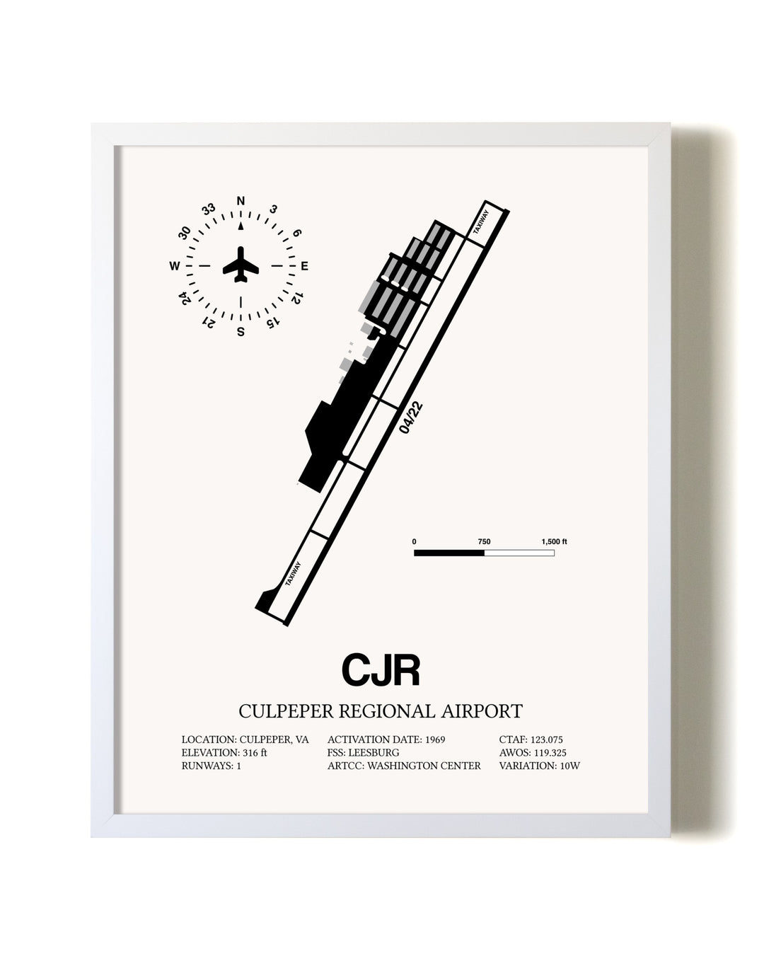 Culpeper Regional Airport airport map poster in oak frame