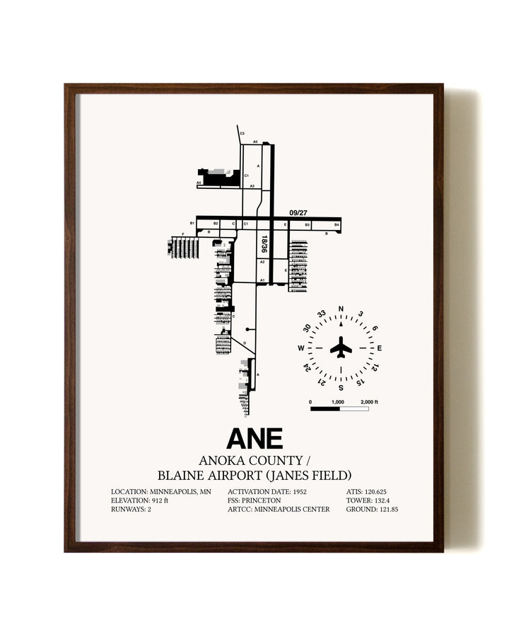 Anoka County/Blaine Airport (Janes Field) aviation print in walnut frame