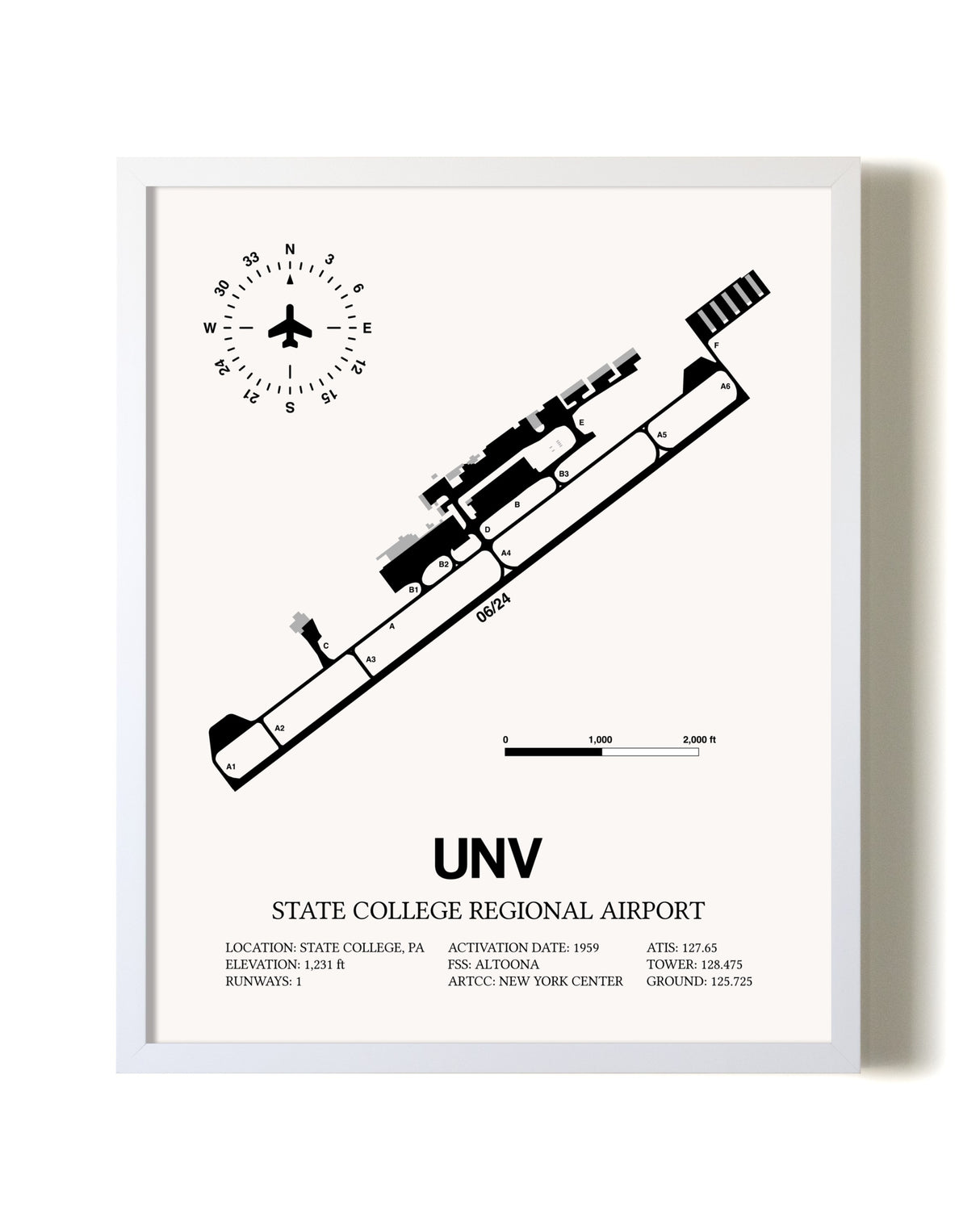 State College Regional Airport airport map poster in oak frame