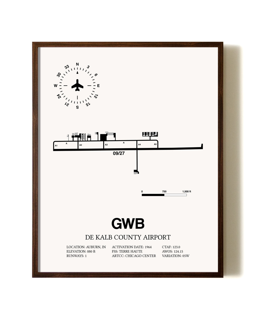 De Kalb County Airport aviation print in walnut frame