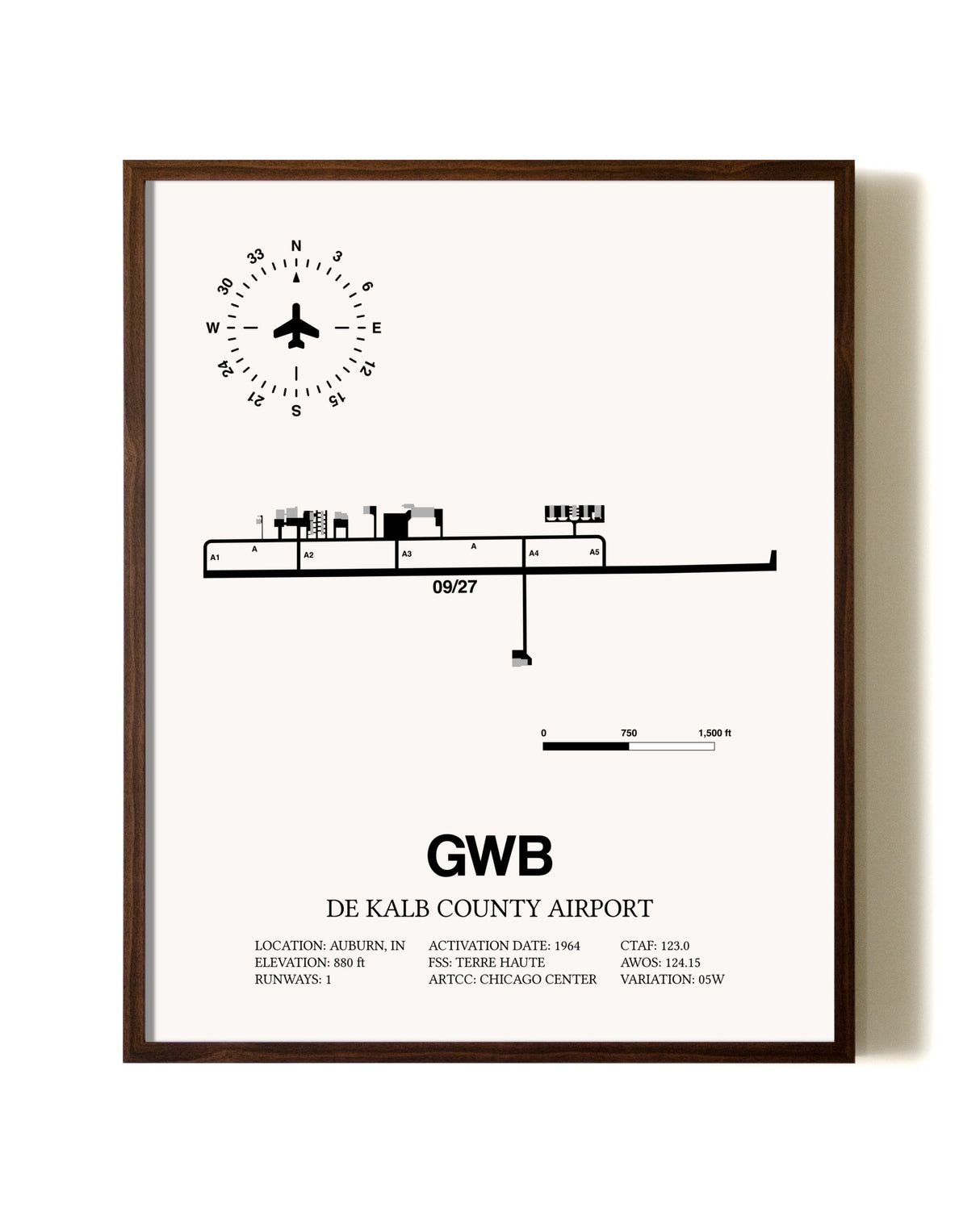 De Kalb County Airport aviation print in walnut frame