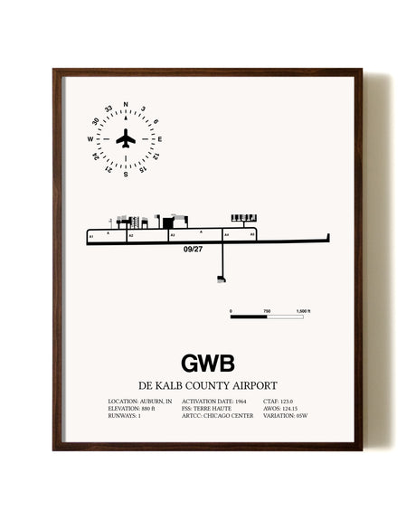 De Kalb County Airport aviation print in walnut frame