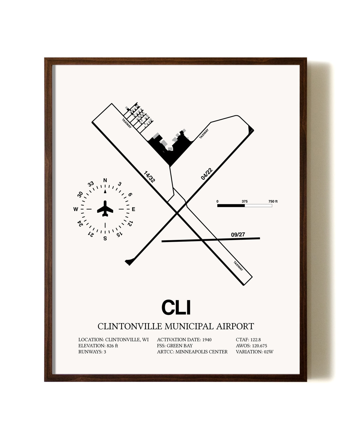 Clintonville Municipal Airport aviation print in walnut frame
