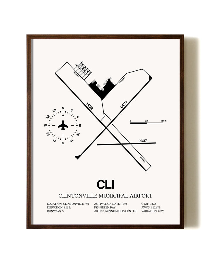 Clintonville Municipal Airport aviation print in walnut frame