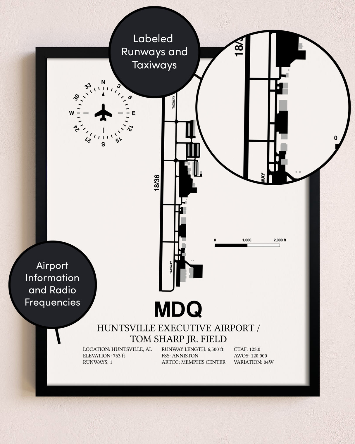 Framed Huntsville Executive Airport / Tom Sharp Jr. Field layout wall art poster