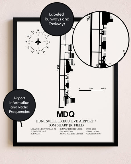 Framed Huntsville Executive Airport / Tom Sharp Jr. Field layout wall art poster