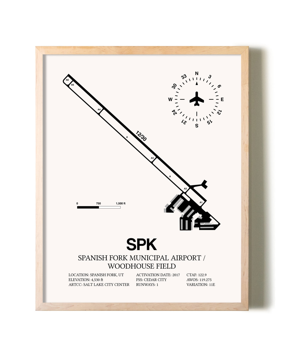 Spanish Fork Municipal Airport / Woodhouse Field framed wall art in white frame