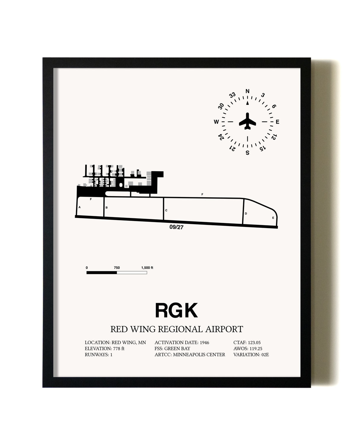 Framed Red Wing Regional Airport wall art poster in black frame
