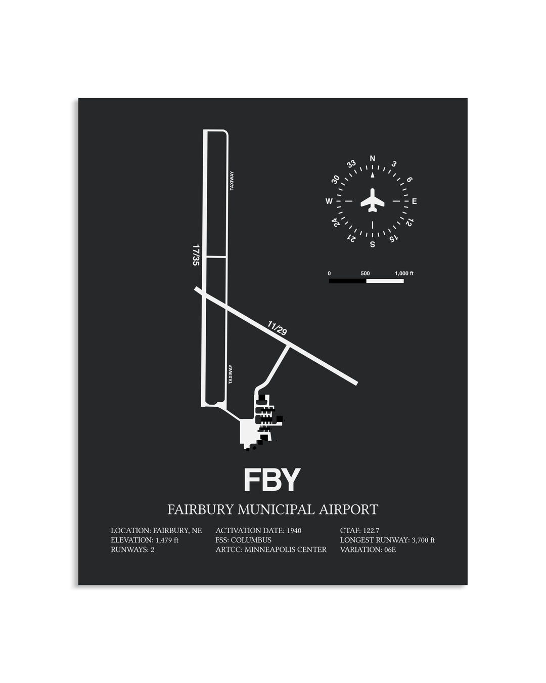 Gray Framed Fairbury Municipal Airport layout wall art poster