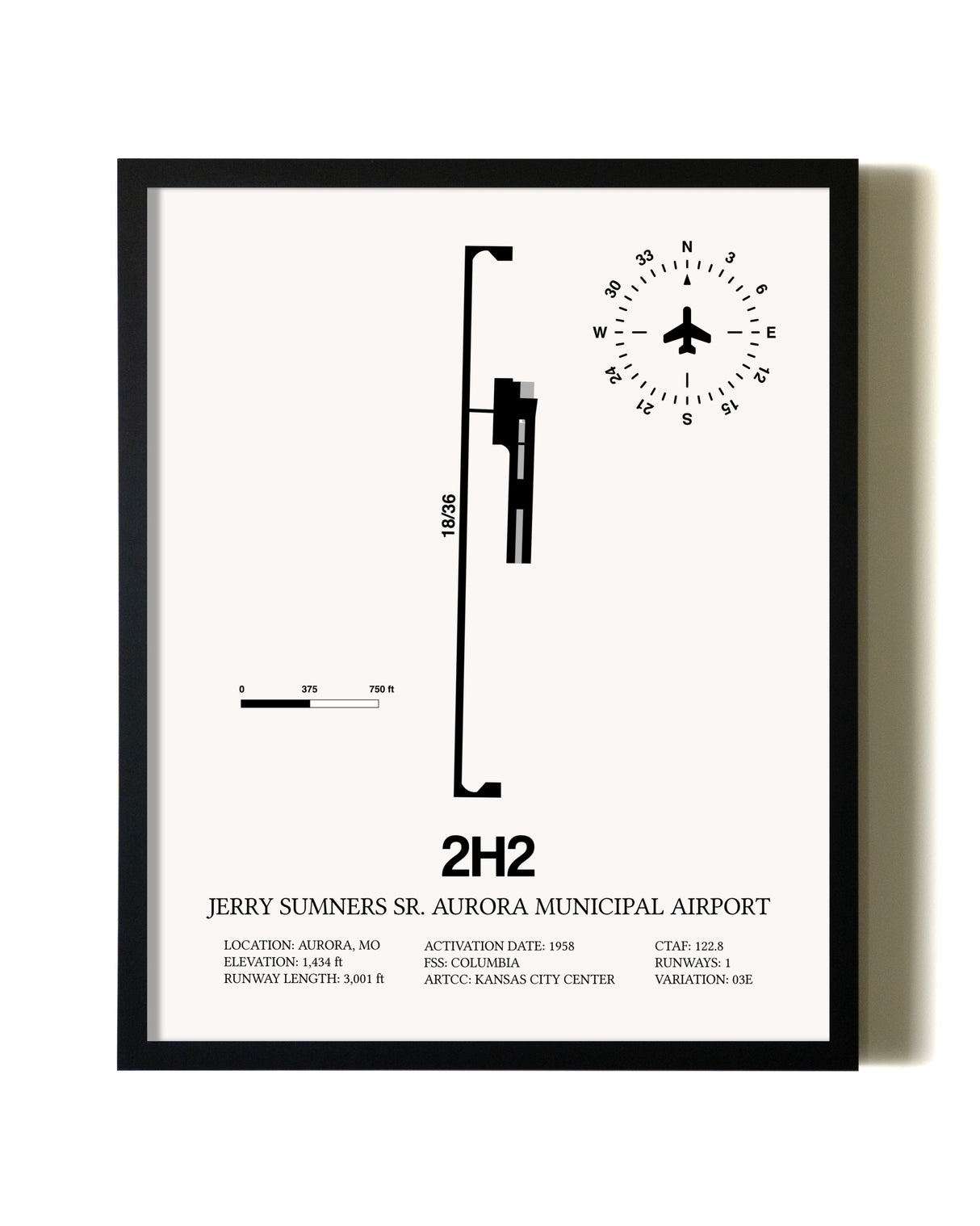 Framed Jerry Sumners Sr. Aurora Municipal Airport wall art poster in black frame