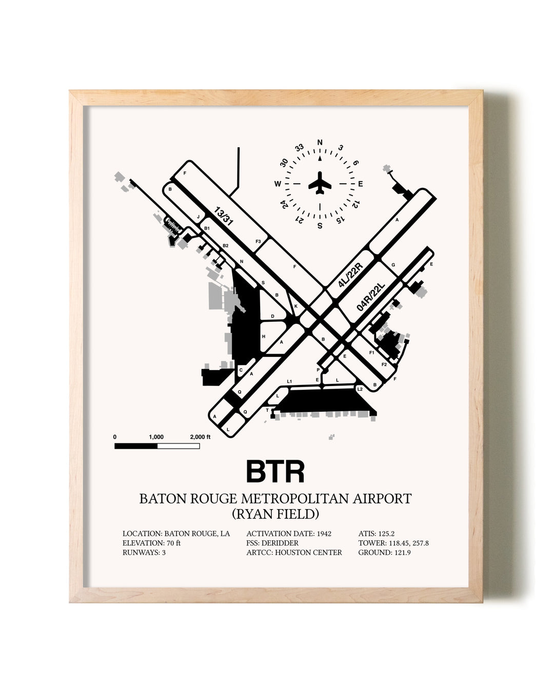 Baton Rouge Metropolitan Airport (Ryan Field) framed wall art in white frame
