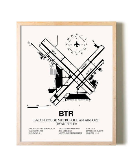 Baton Rouge Metropolitan Airport (Ryan Field) framed wall art in white frame