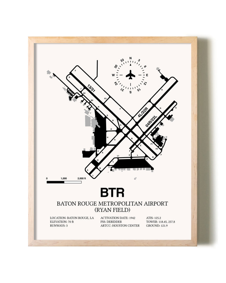 Baton Rouge Metropolitan Airport (Ryan Field) framed wall art in white frame