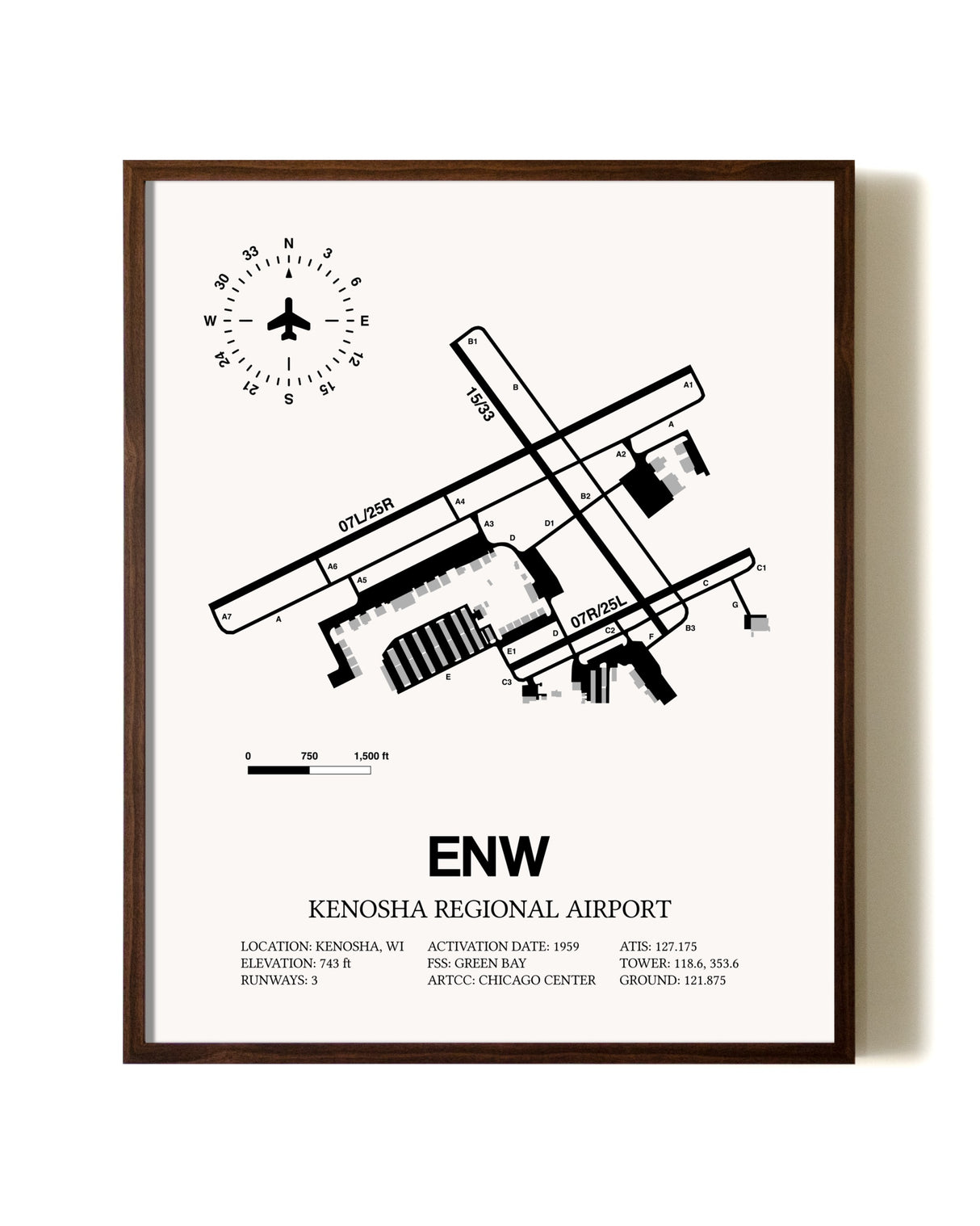 Kenosha Regional Airport aviation print in walnut frame