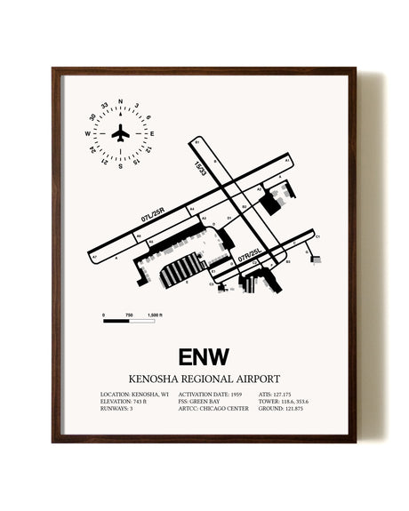 Kenosha Regional Airport aviation print in walnut frame