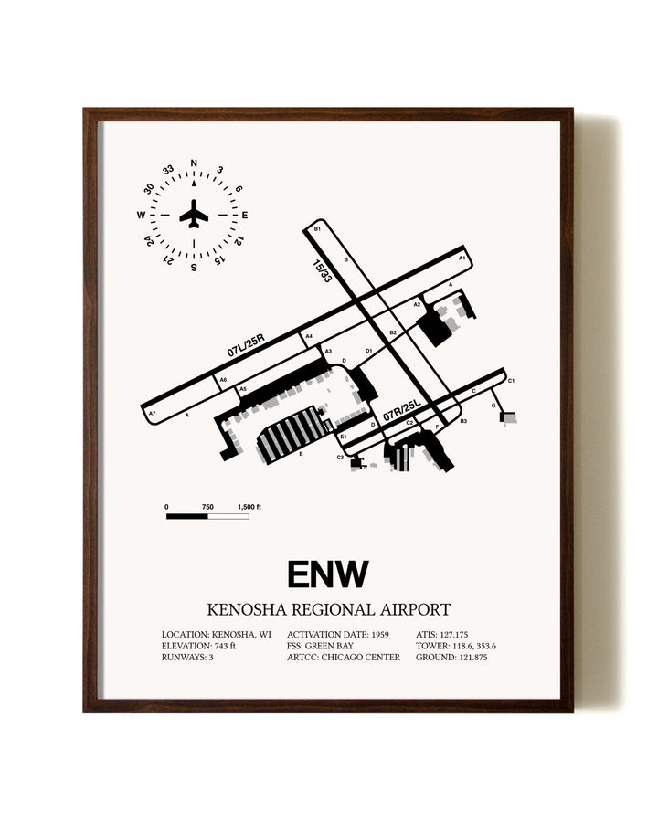 Kenosha Regional Airport aviation print in walnut frame