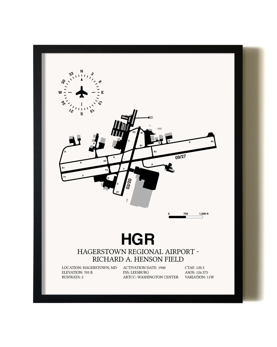 Framed Hagerstown Regional Airport-Richard A. Henson Field wall art poster in black frame