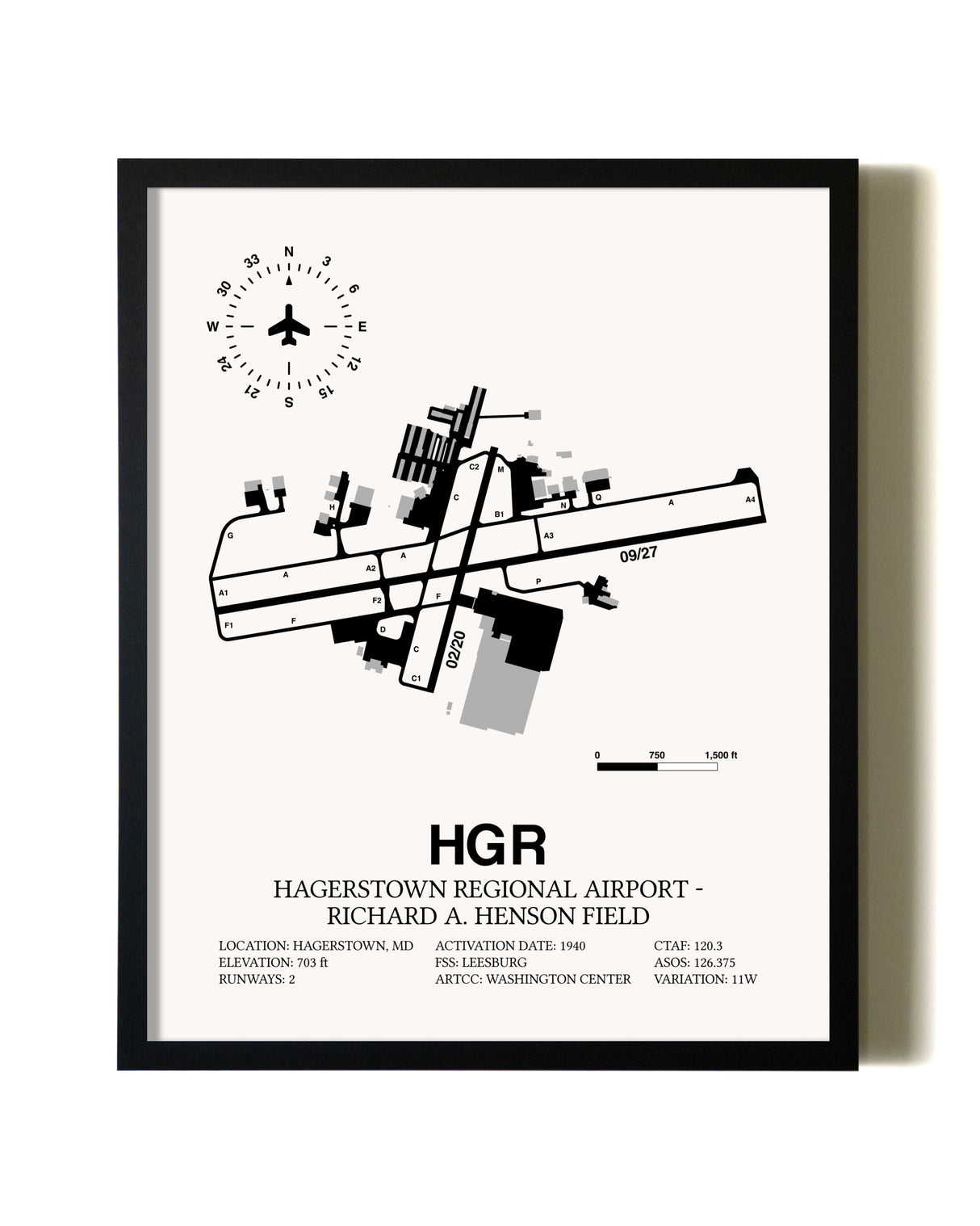 Framed Hagerstown Regional Airport-Richard A. Henson Field wall art poster in black frame