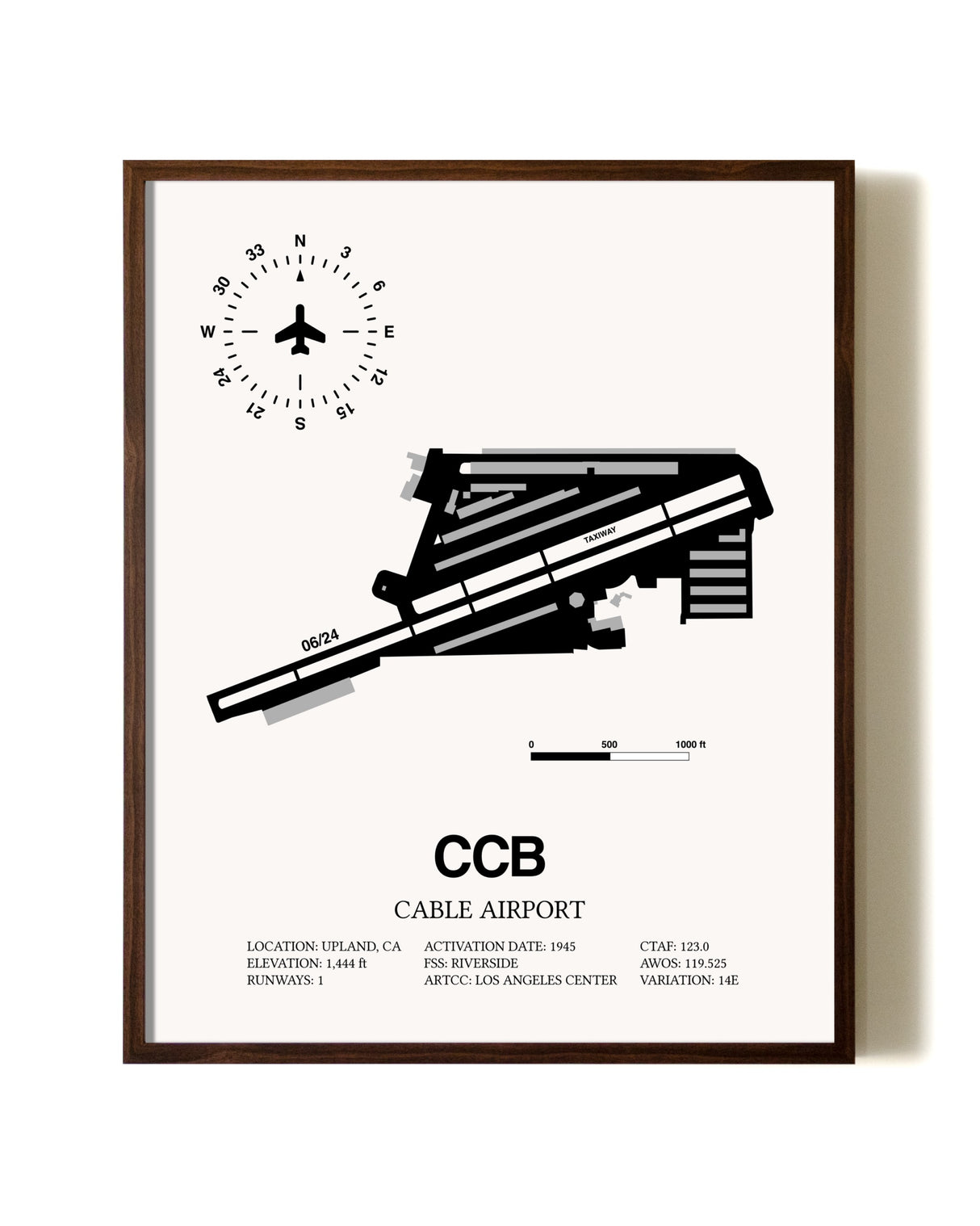 Cable Airport aviation print in walnut frame