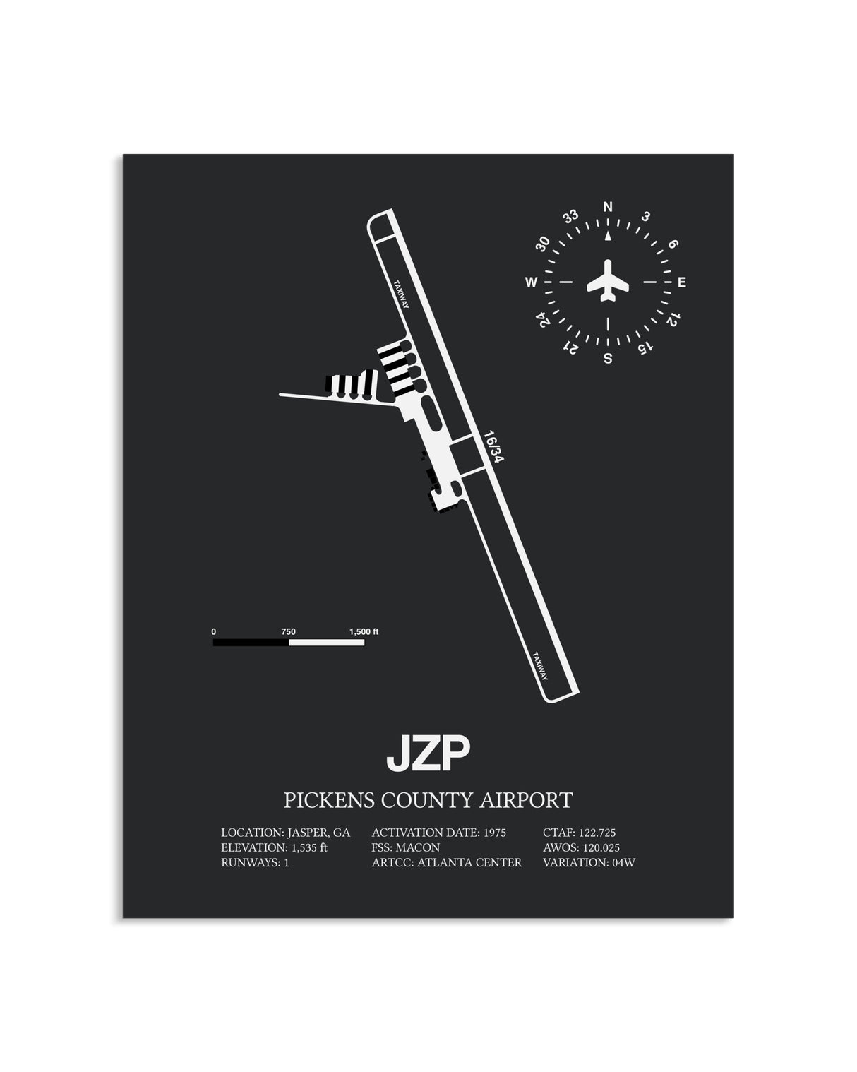 Gray Framed Pickens County Airport layout wall art poster
