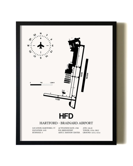 Framed Hartford-Brainard Airport wall art poster in black frame