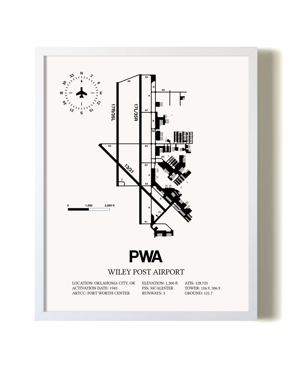 Wiley Post Airport airport map poster in oak frame