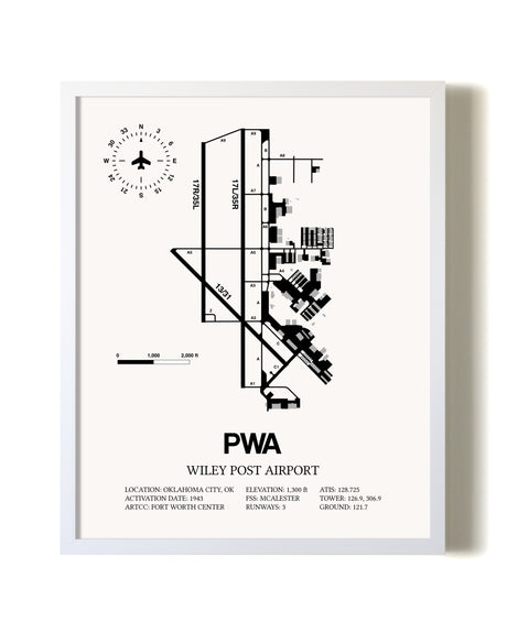 Wiley Post Airport airport map poster in oak frame
