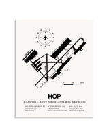 Gray Campbell Army Airfield (Fort Campbell) framed poster displayed in an airplane hangar